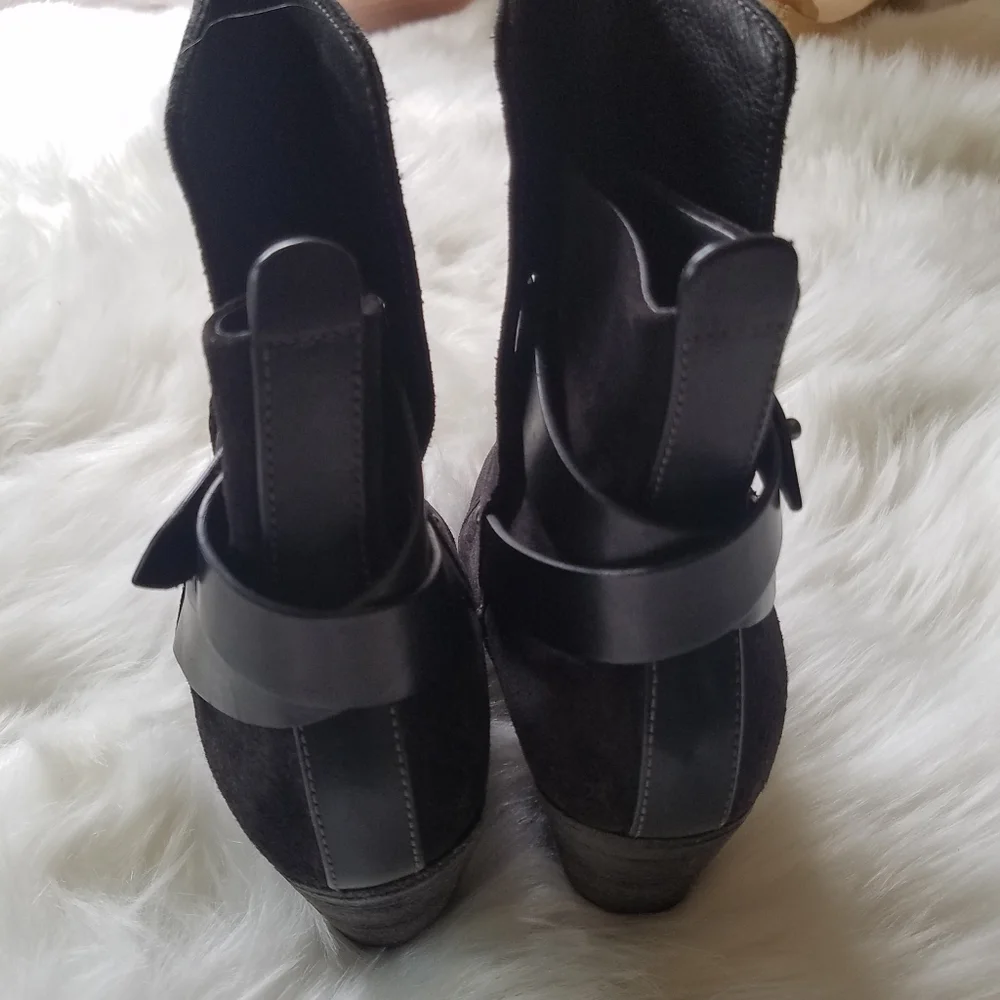 Rag & Bone Harrow Black Suede Leather Ankle Boots Chunky Stacked Heel sz38